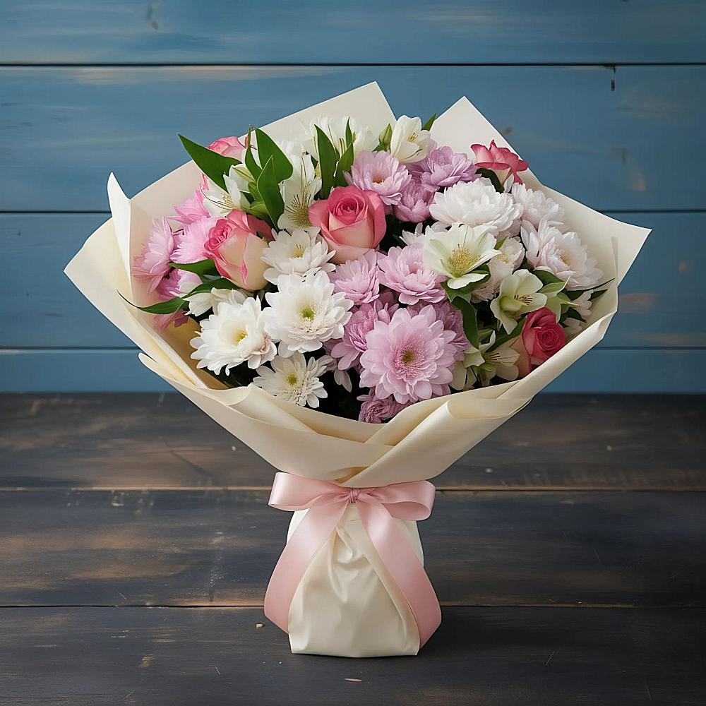 Букет цветов из: Хризантемы, Альстромерии и Розы в Красном Маныче